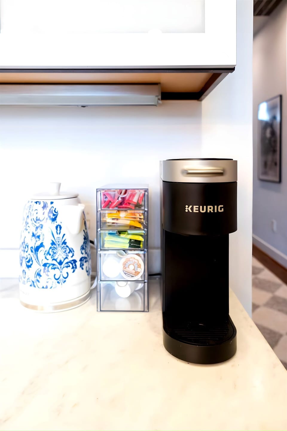 Start your morning right with a fresh brew from the Keurig coffee station. We have provided a variety of pods and a beautiful blue patterned tea pot for your convenience.