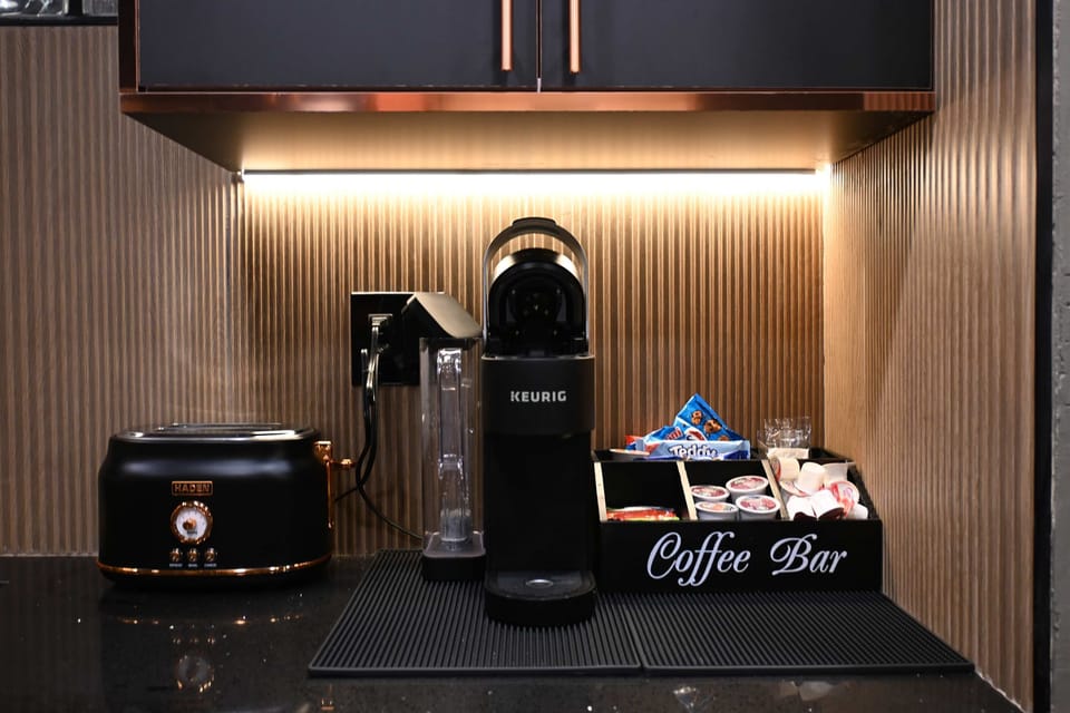 Fully stocked coffee bar! Start your morning right with a fresh brew.
