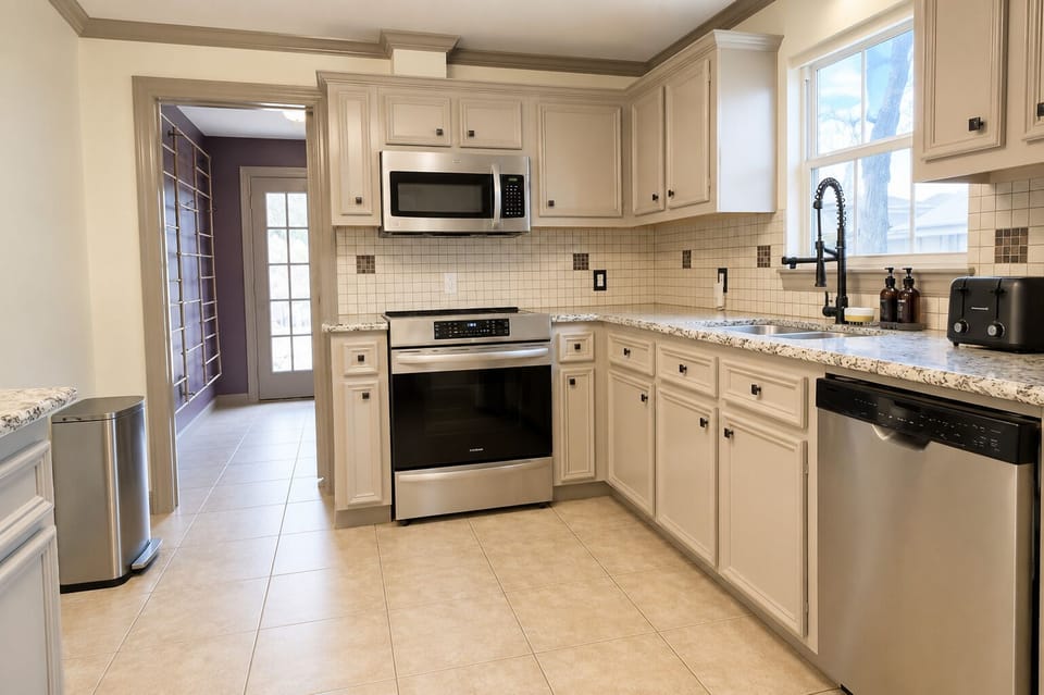 stove, microwave, toaster and basic cooking supplies (oil, salt, pepper)