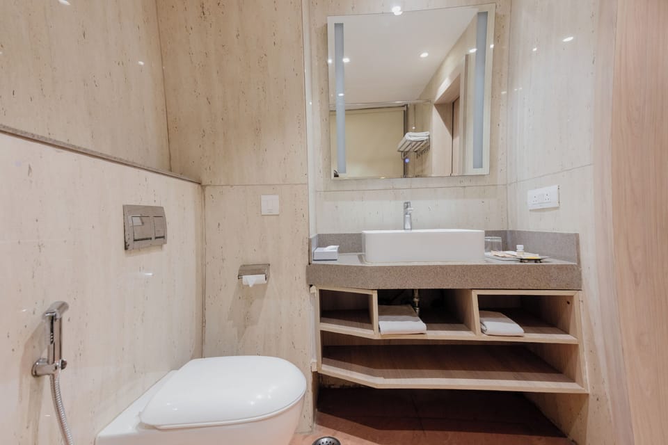 Shower, slippers, towels, soap