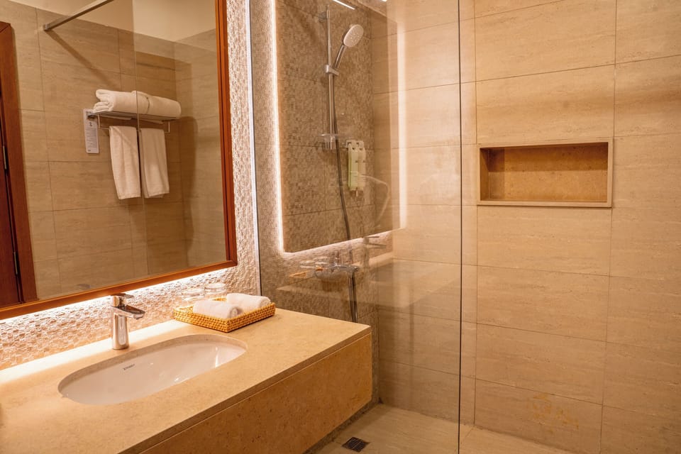 Shower, hair dryer, bidet, towels