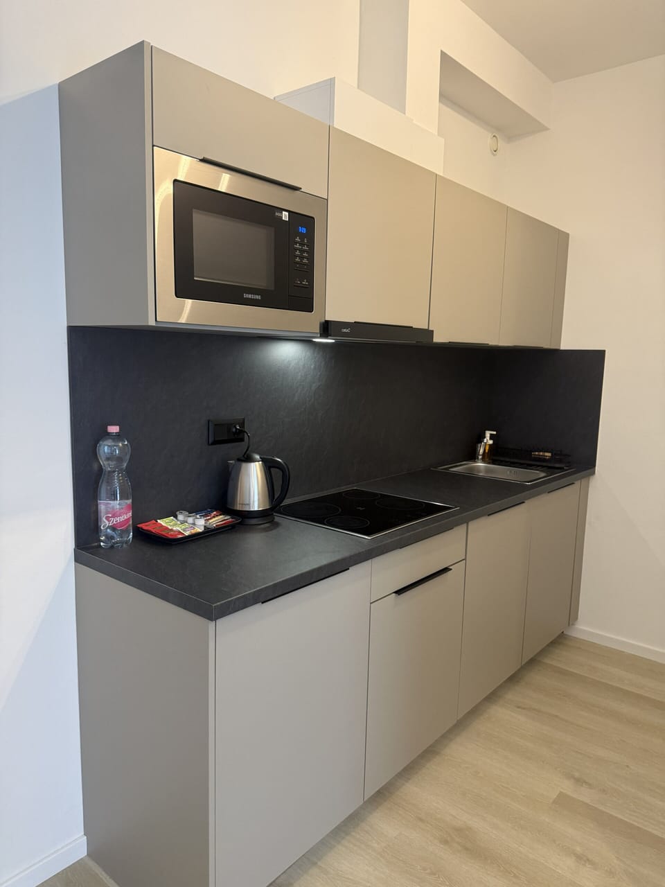 Mini-fridge, microwave, electric kettle, cookware/dishes/utensils