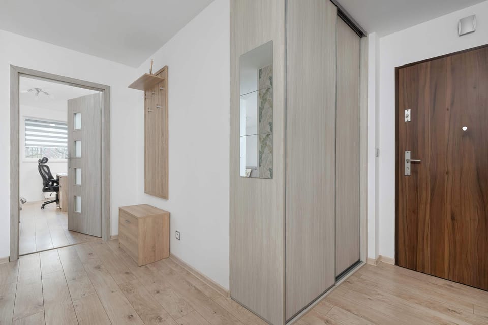 The entrance hall is equipped with a large mirrored wardrobe that visually expands the interior space.