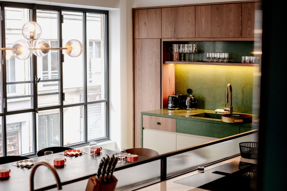 Family Apartment, City View | Private kitchen | Full-size fridge, microwave, oven, stovetop