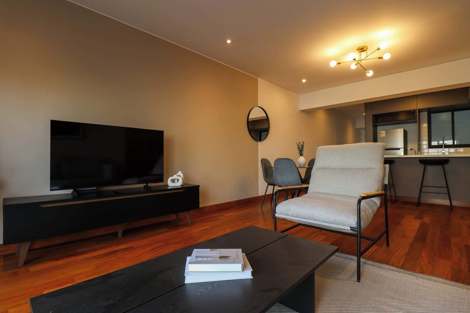 Inviting lounge area with warm lighting and decor
