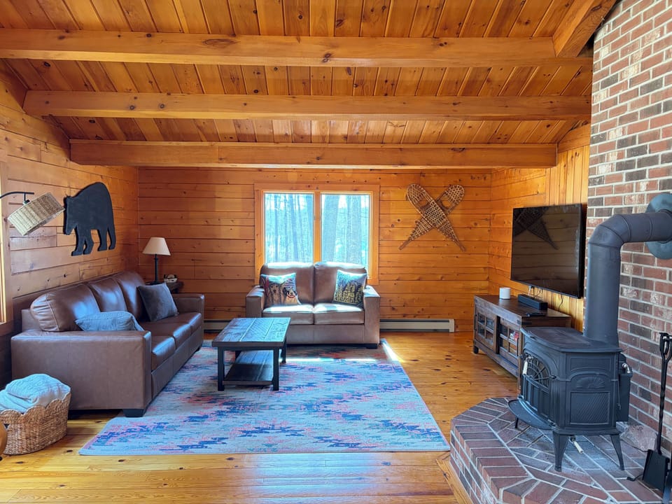 Cozy Living Room with Wood Stove, Smart TV, and Nintendo