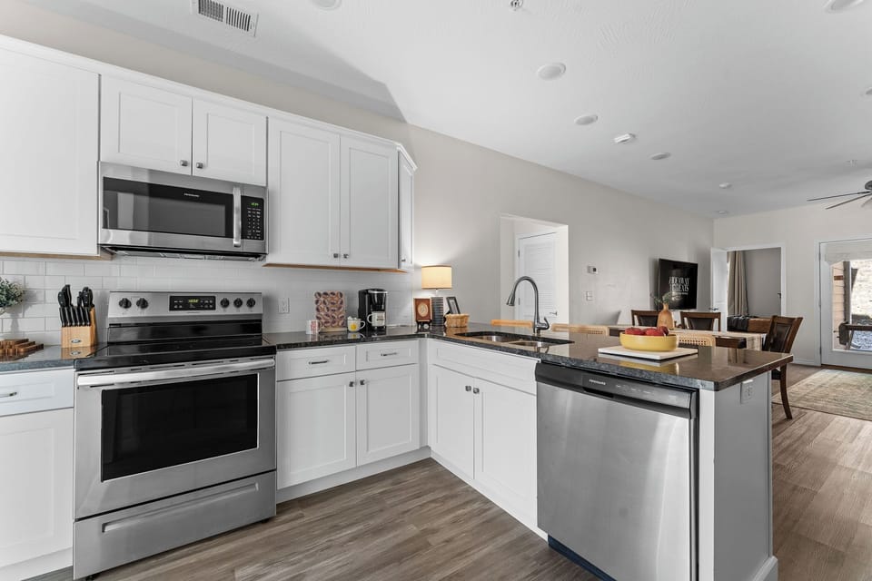 Full-size stainless appliances, a Keurig, and everything you need for real cooking — not just reheating. Feeds 8 people without anyone waiting for a turn.
