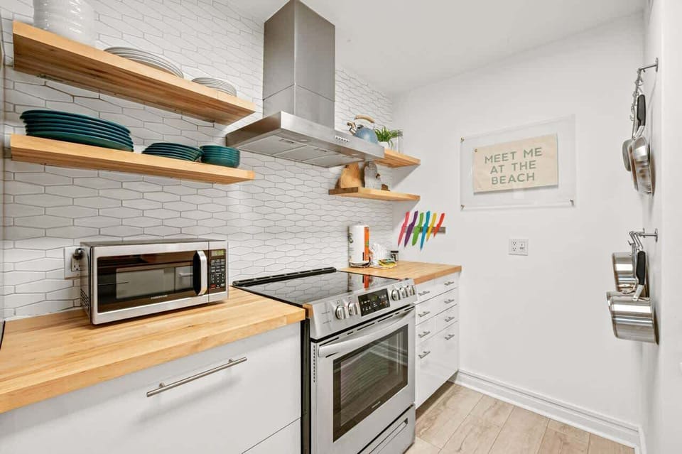 Clean kitchen space with everything within reach.