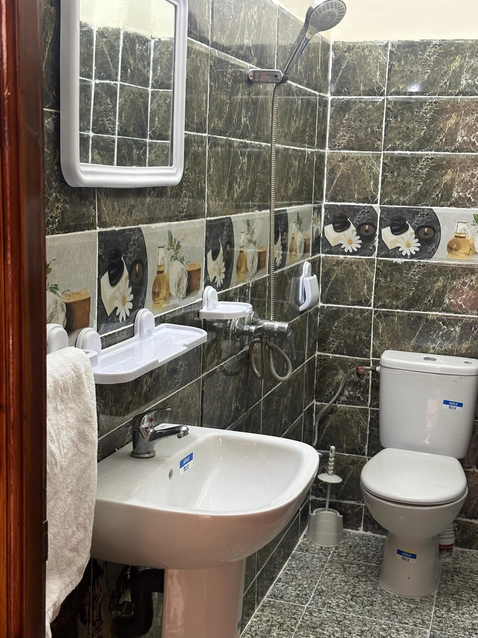 Shower, towels, soap, toilet paper