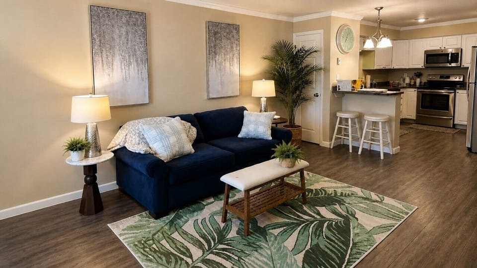 Cozy up on the sofa and enjoy a cup of coffee at the built in island!