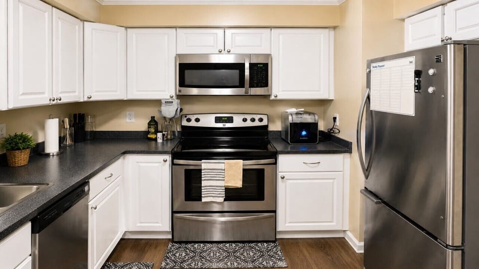 Cook every meal at home with this fully stocked kitchen and  new refrigerator.  