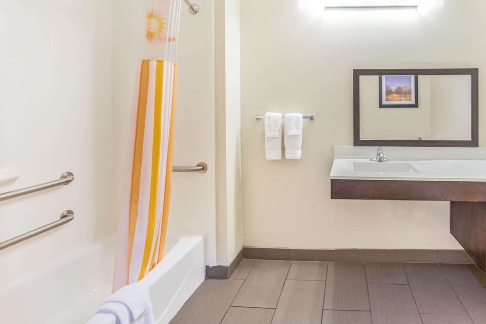 Combined shower/tub, free toiletries, hair dryer, towels