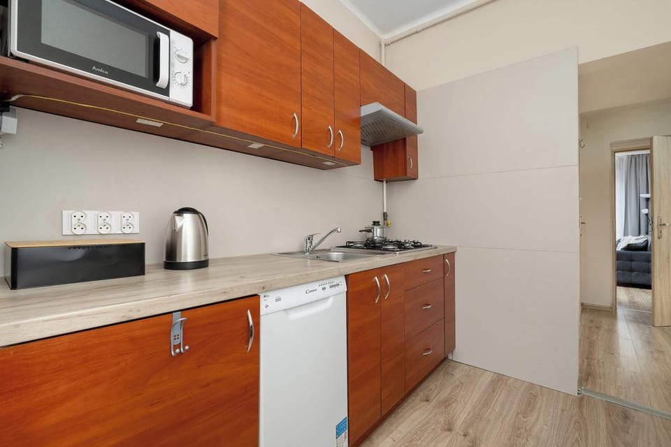 Fully equipped modern kitchen with sleek cabinetry, ample counter space, and all essential appliances.