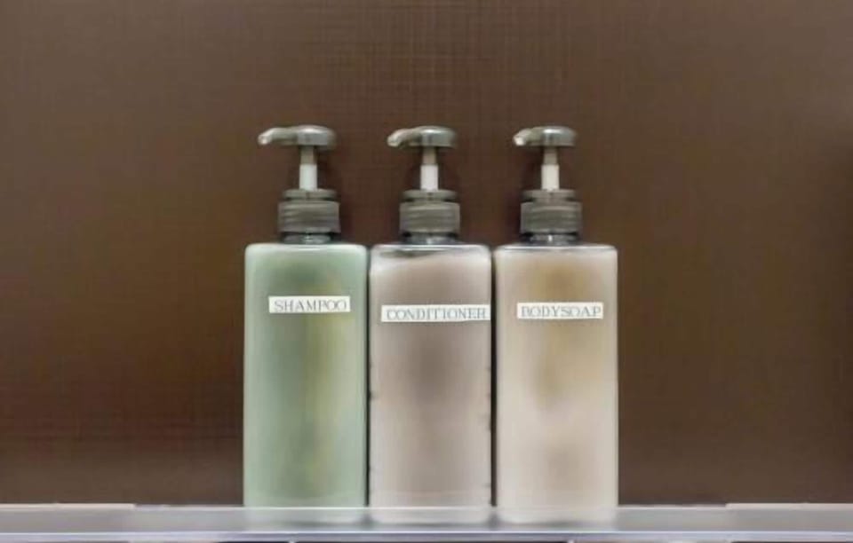 Hair dryer, soap, shampoo