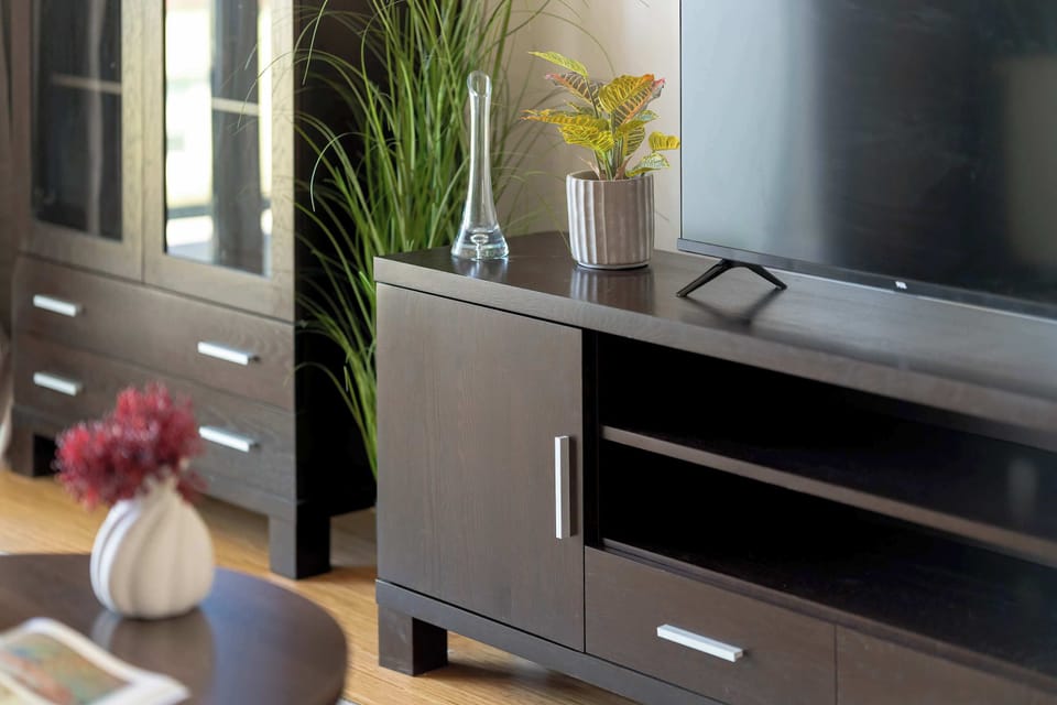 A dark wood storage unit provides ample space for belongings while supporting decorative vases and greenery. The polished wooden floor reflects the ambient light from the nearby window.