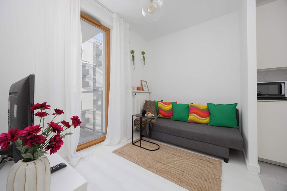 A cozy living area with a gray sofa accented by colorful cushions, placed near a window and a small TV setup.
