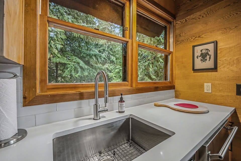 Enjoy serene forest scenery while cooking in this inviting alpine retreat.