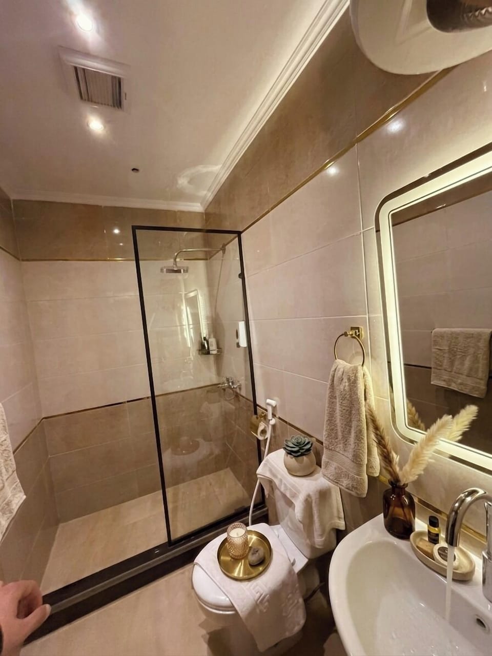 Shower, hair dryer, slippers, bidet
