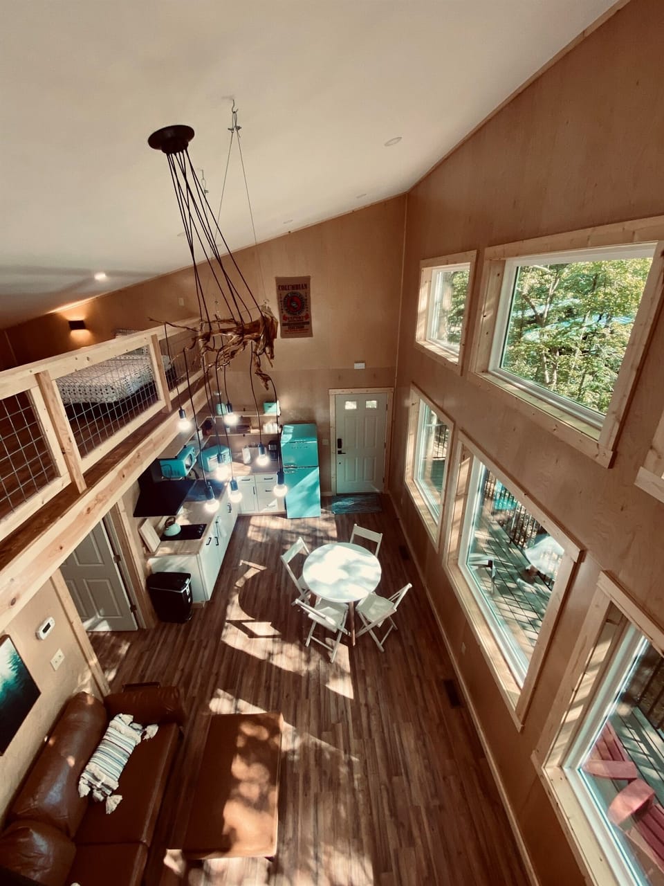 Main living space looking down from the yoga deck