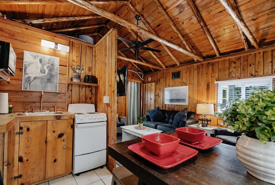 Open Cabin Layout | Kitchenette & Living Area | Vaulted Wood Ceilings