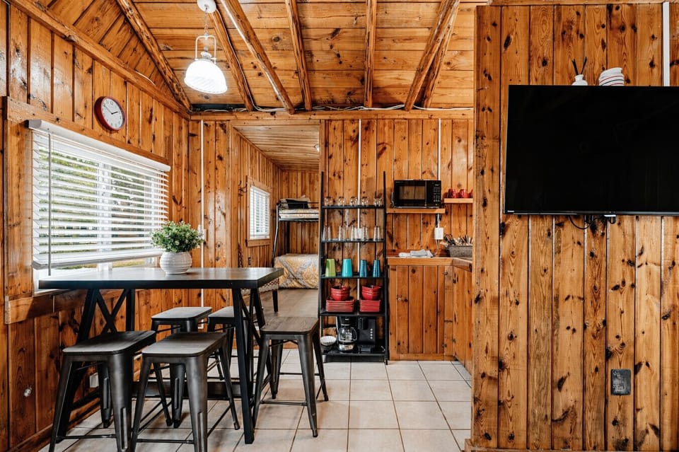 Open Cabin Layout | Kitchenette & Living Area | Vaulted Wood Ceilings