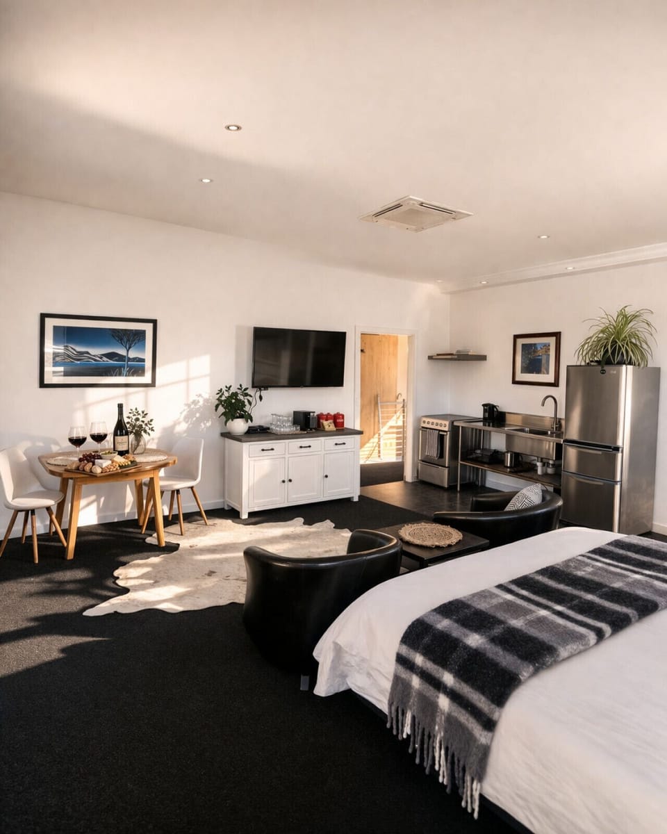 Lovely open studio with everything you need - seating area, dining area, tv, and kitchen