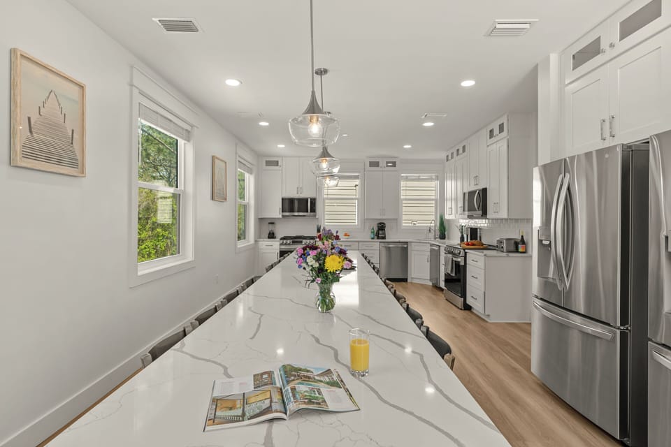 Dining table with seating for large groups.