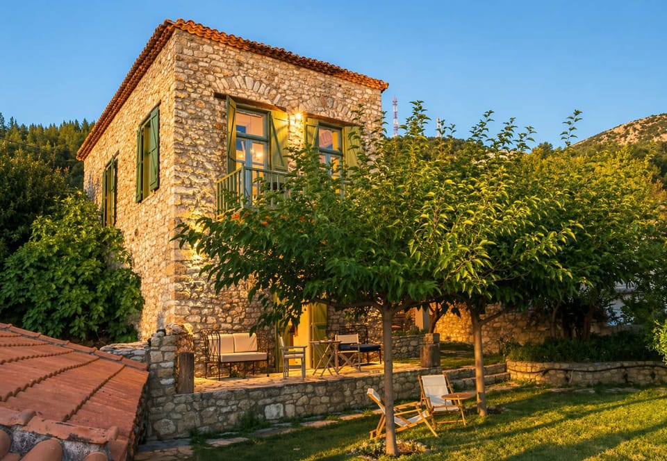 Authentic stone villa surrounded by Mediterranean greenery