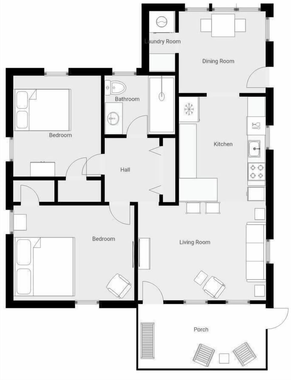 This detailed floor plan shows your spacious vacation home with two bedrooms, full kitchen, dining area, and covered porch.