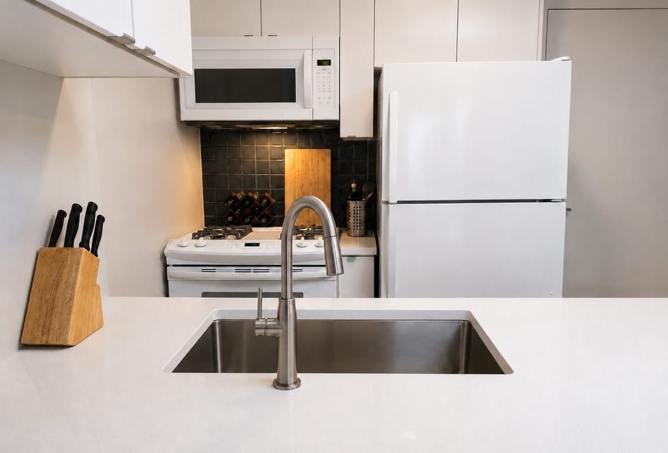 Bright and functional full kitchen featuring modern appliances.