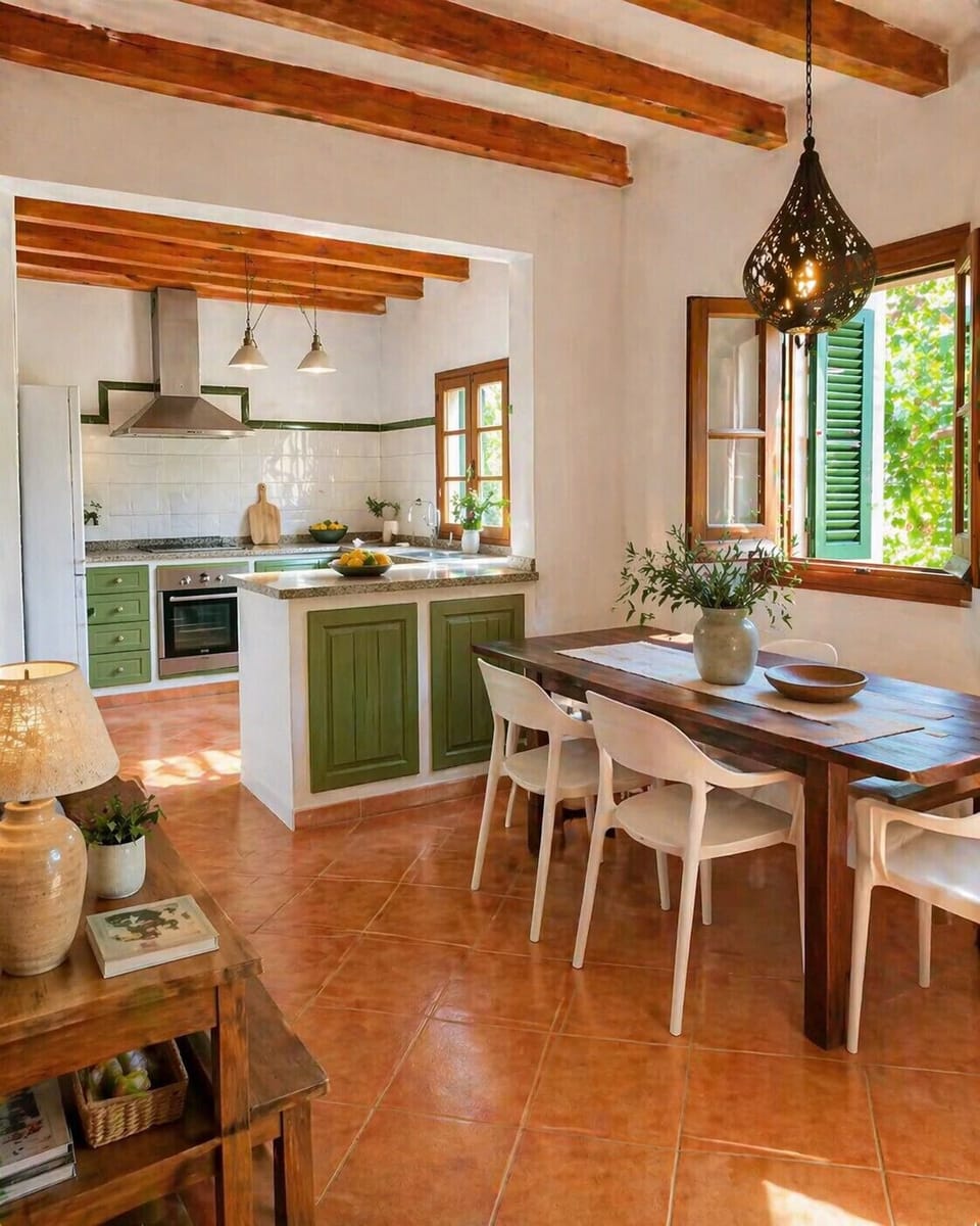 Fully equipped kitchen with dining area and wooden table in finca in Pollensa