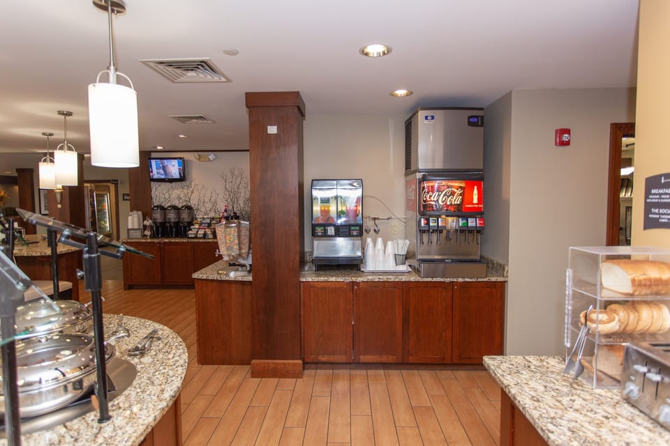 Beverages and snack options at the self-serve drink station.