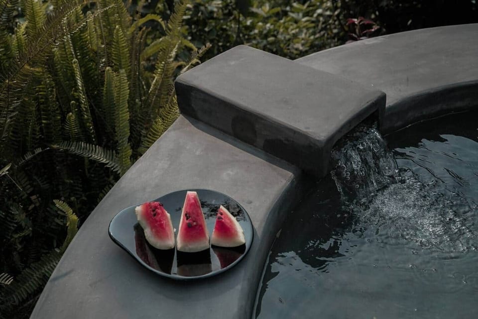 Our mountain-spring water plunge pool to boost circulation during sauna