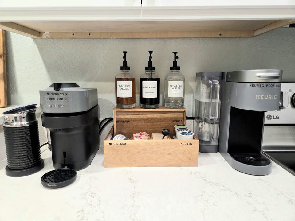 indoor, coffee, nespresso,  keurig, coffee syrup,  sugar. creamer
