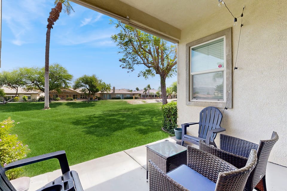 Patio space with golf course views.