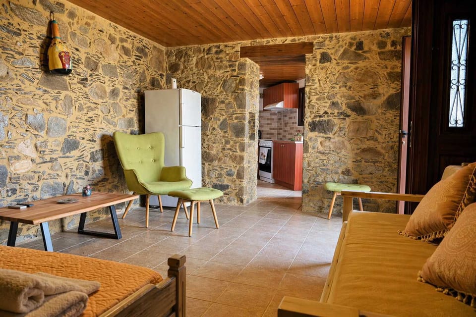 Charming living room with rustic stone walls and cozy seating.