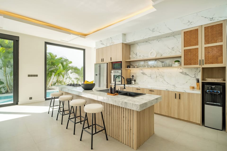 Luxury Villa, Patio, Pool View | Private kitchen | Fridge, microwave, oven, stovetop