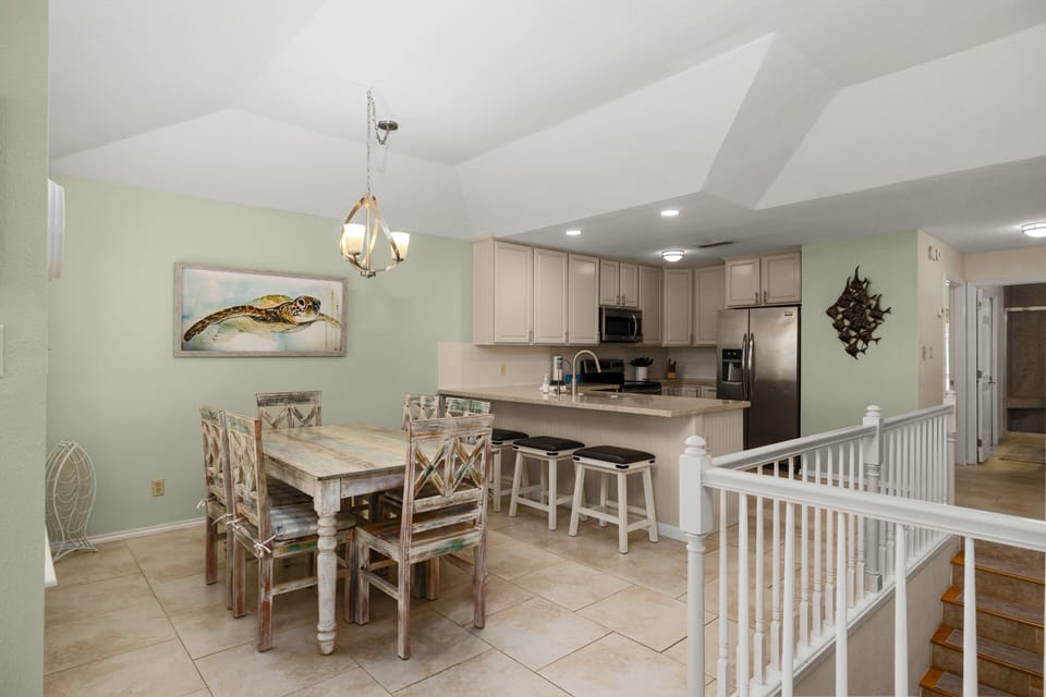 Open concept layout of the dining area and kitchen
