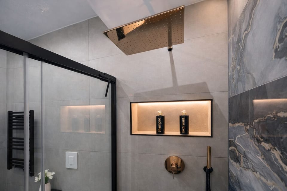 Hair dryer, bidet, towels, soap