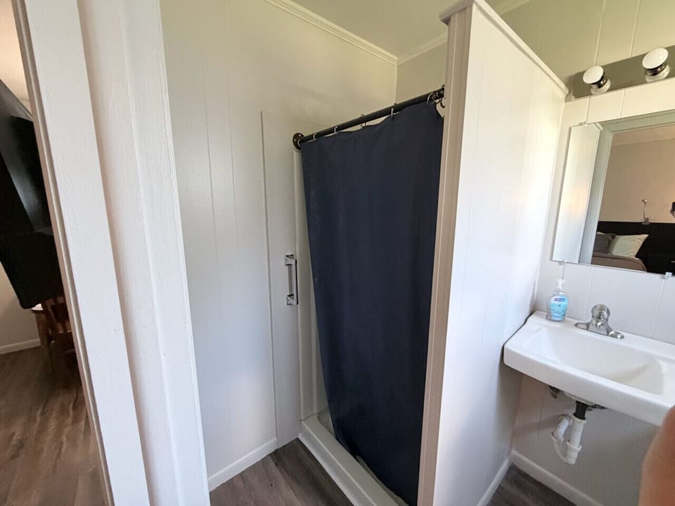 Walk-in shower with navy curtain and pedestal sink