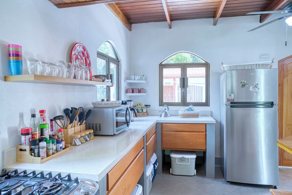Modern kitchen with exotic wood ceilings and a bright, inviting tropical atmosph