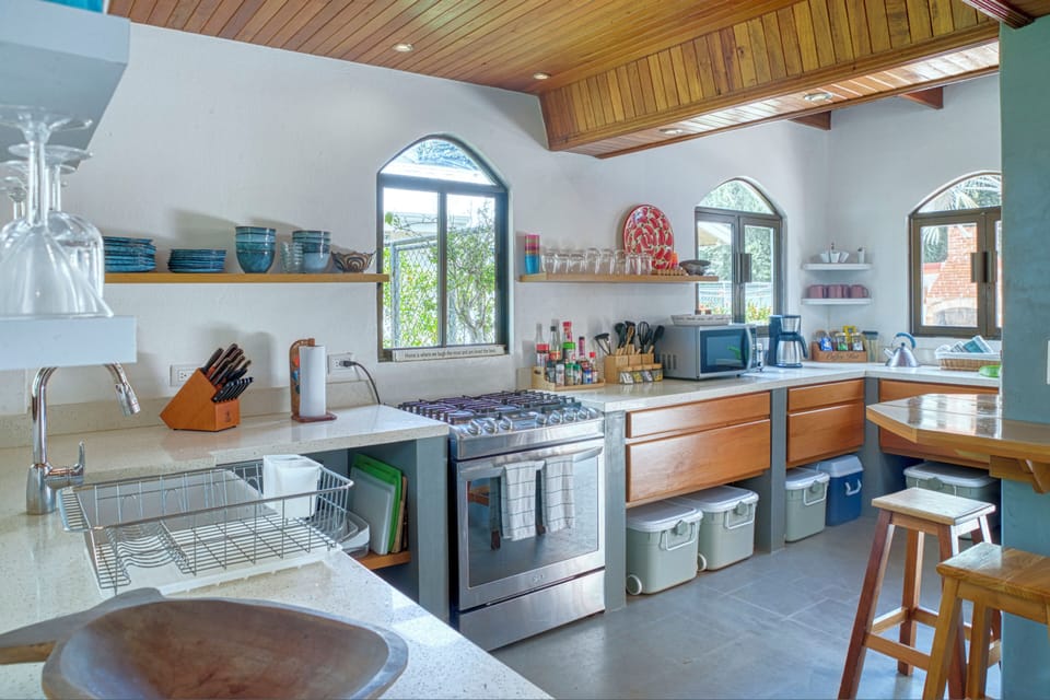 Sleek modern kitchen with exotic wood ceilings and a cozy breakfast bar area.