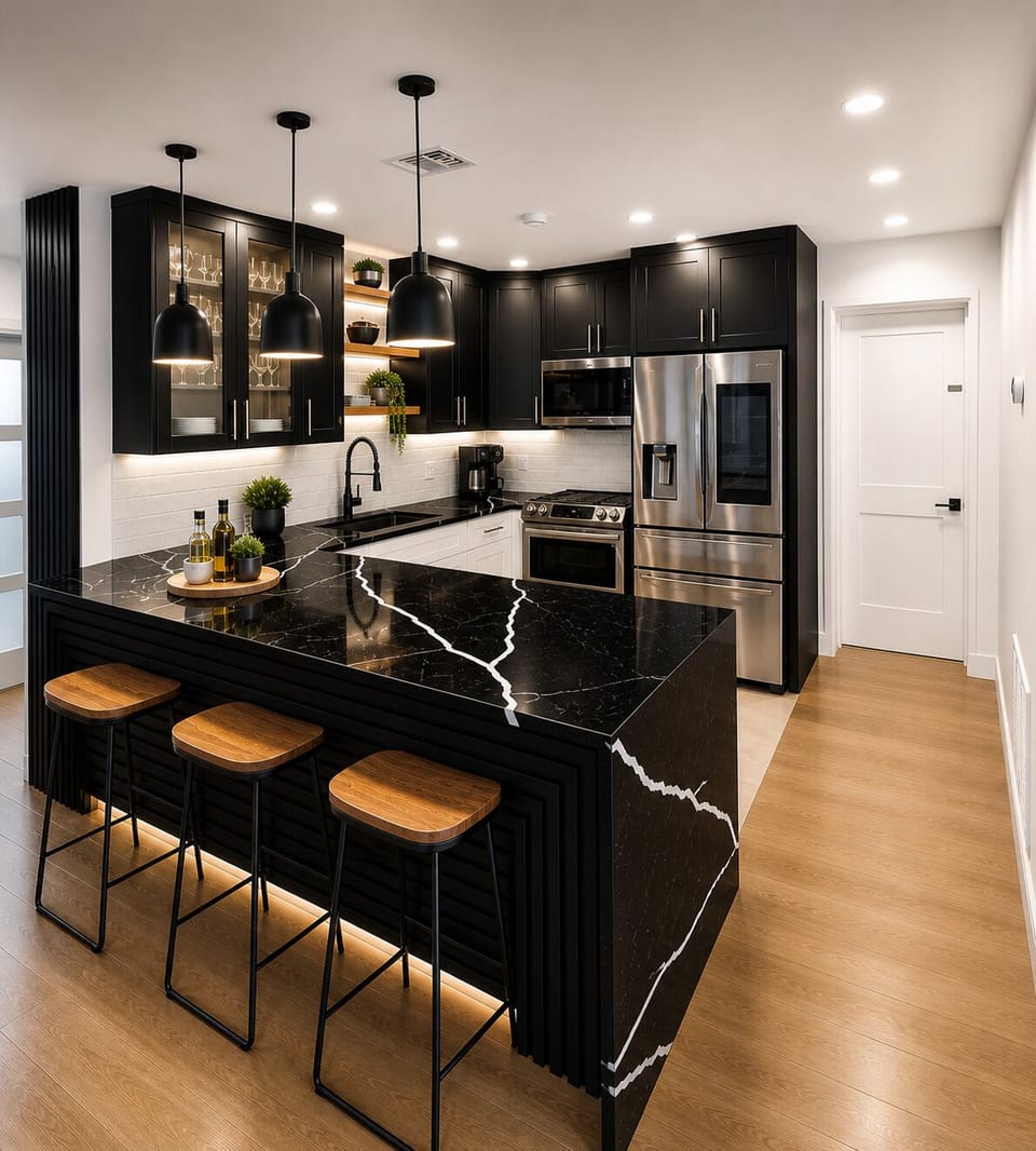 luxury black marble kitchen, modern design, chefs kitchen  home away from home.