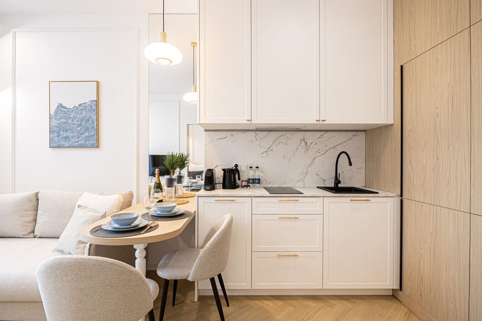 Bright living space with a modern kitchen and carefully selected details in a new premium apartment.