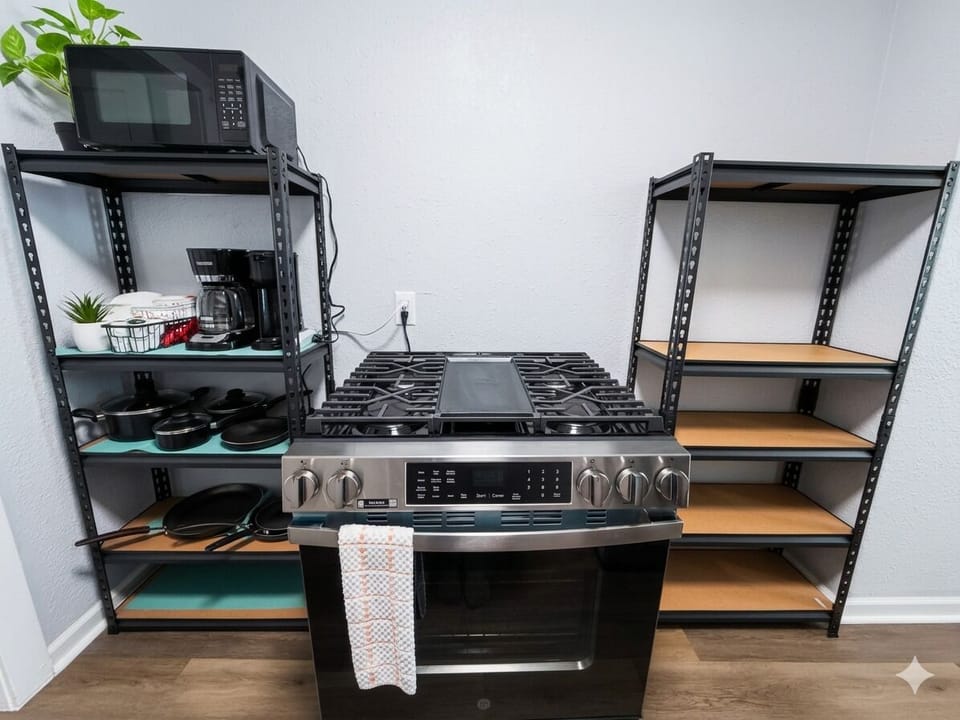 Modern Cooking Area with Full-Size Stove & Kitchen Storage