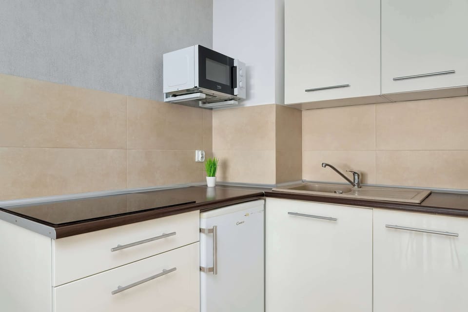 The compact kitchenette is designed with white minimalist cabinets and a dark countertop. It is equipped with a built-in sink and a small microwave mounted under the upper cabinets.