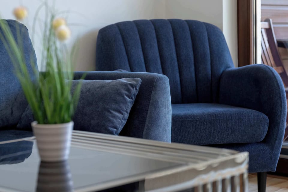A detail shot shows a blue velvet armchair positioned next to a glass coffee table. A small white pot with green grass sits on the table, adding a natural element to the seating area.