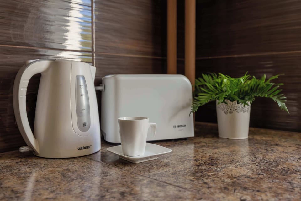 A kitchen countertop holds a white kettle, a toaster, and a small green plant. The dark backsplash provides a modern contrast to the light-colored appliances.