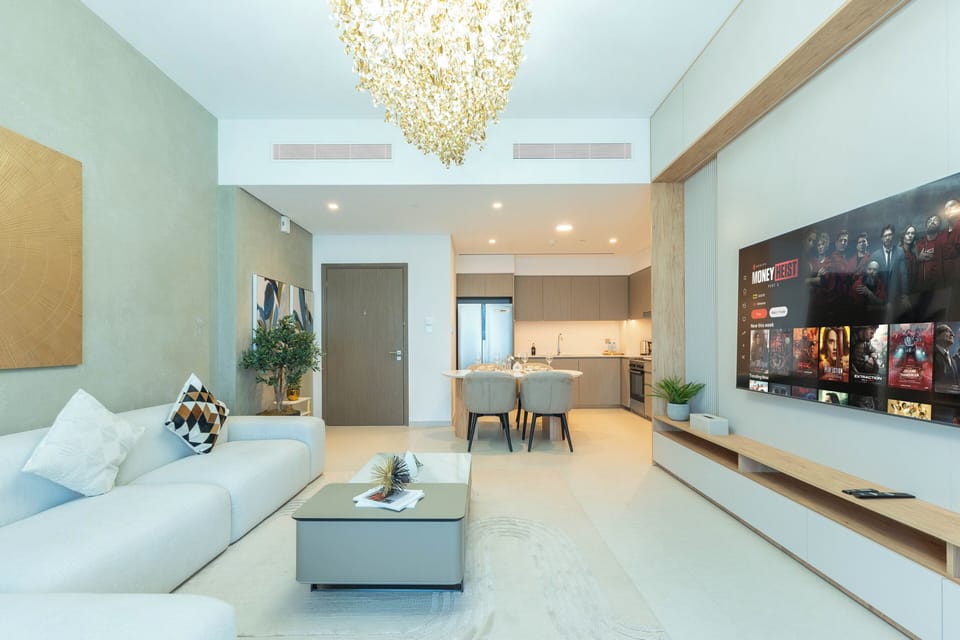 Apartment, City View | Living area | 75-inch Smart TV with cable channels