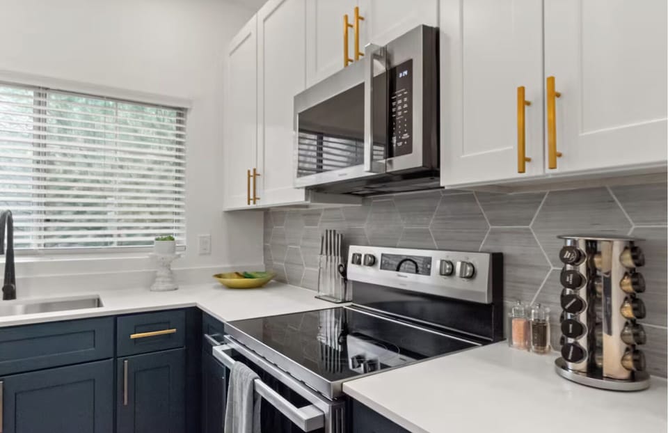 Spacious kitchen area ideal for stays.